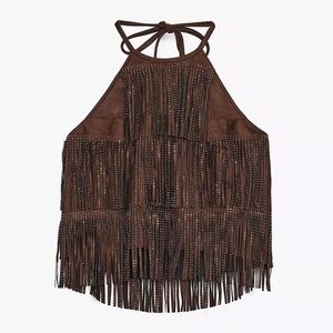 Zara Shimmer Faux Suede Fringe Top in Brown, Size M